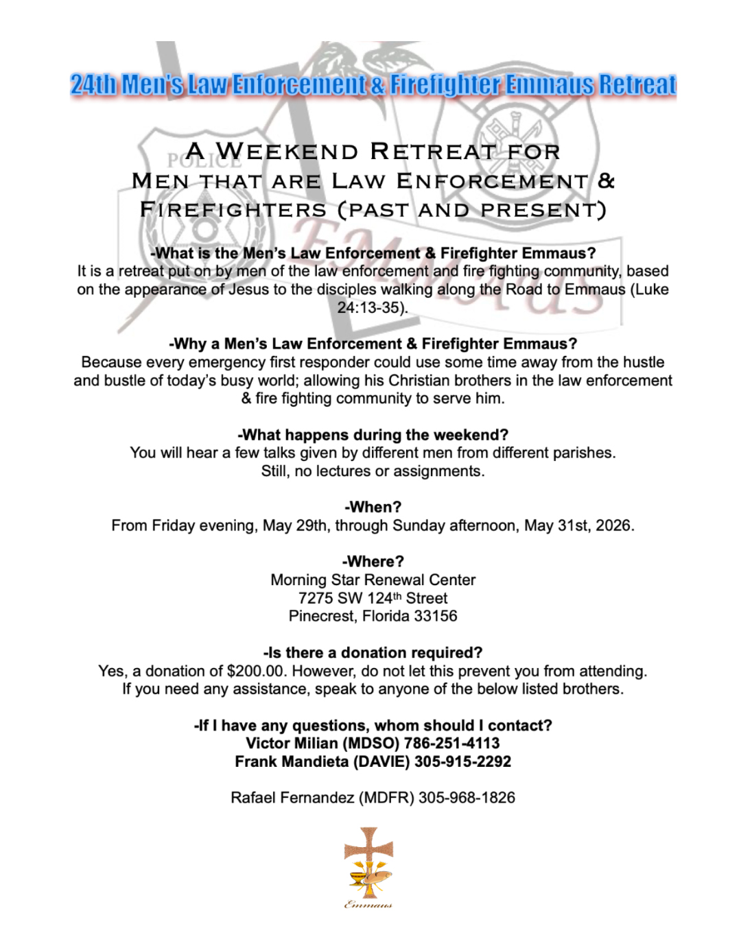 Men’s Law Enforcement & Firefighter Emmaus Retreat                                                                                                                                                                                                                                                        